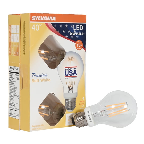 Non-Dimmable A19 LED Light Bulbs Daylight Color 5000K 4 Pack SYLVANIA 40 Watt Equivalent Made in the USA with US and Global Parts Non-Dimmable A19 LED Light Bulbs Daylight Color 5000K 4 Pack SYLVANIA 40 Watt Equivalent Made in the USA with US and Global Parts